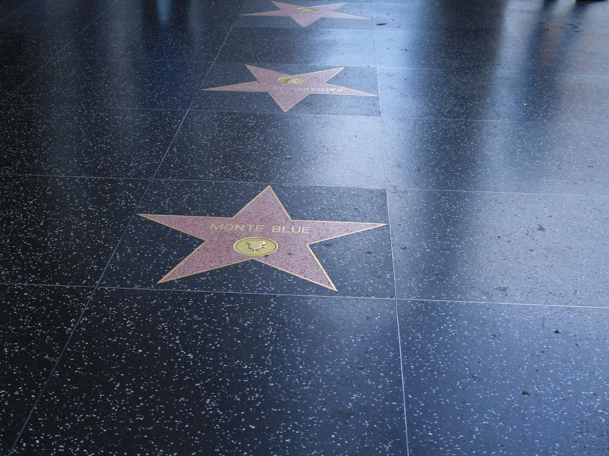 Image shows stars on the Hollywood Walk of Fame with names inscribed, stretching along the sidewalk.